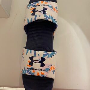 Under Armour White and Blue Slide Sandals